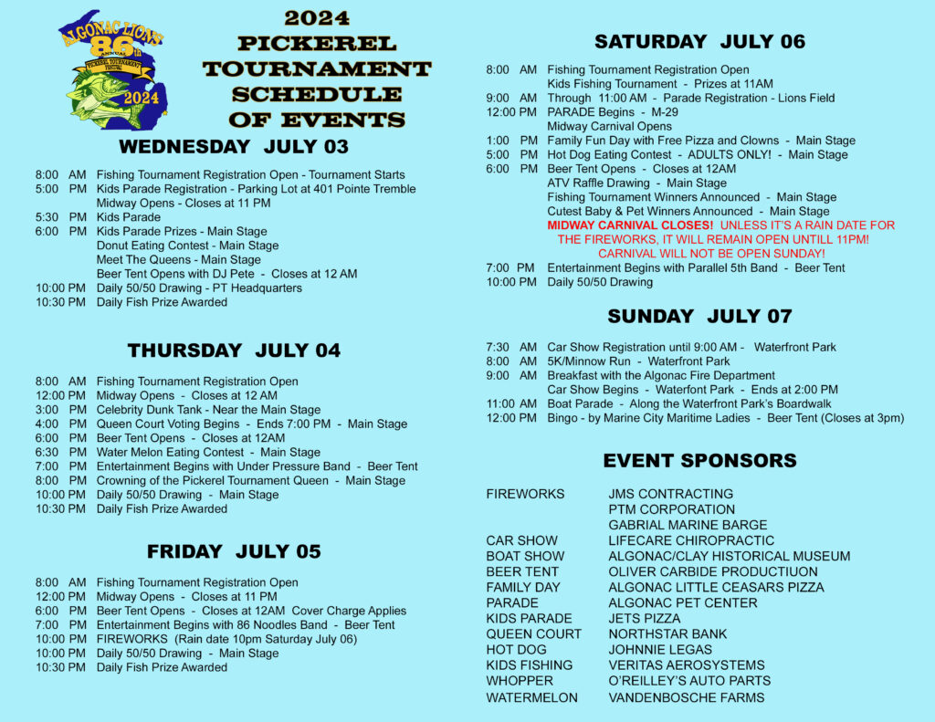 2024 Pickerel Tournament Schedule of Events Algonac MI